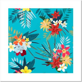 Frangipani lily palm turquoise Posters and Art